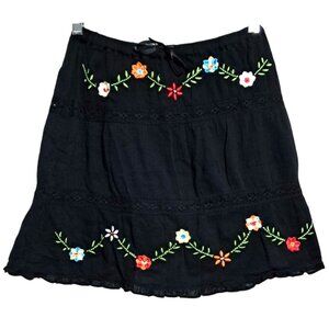 Vintage Old Navy Skirt Girls Size 12 Black Flowered Crinkly Gauzy Knee Length
